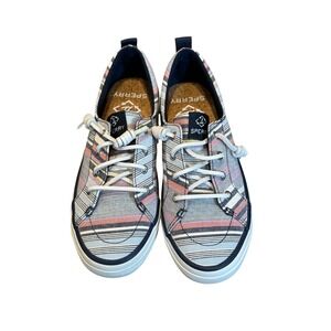 Sperry Crest Vibe Chambray Stripe Navy Pink Canvas Sneakers Boat Shoes Women 6.5